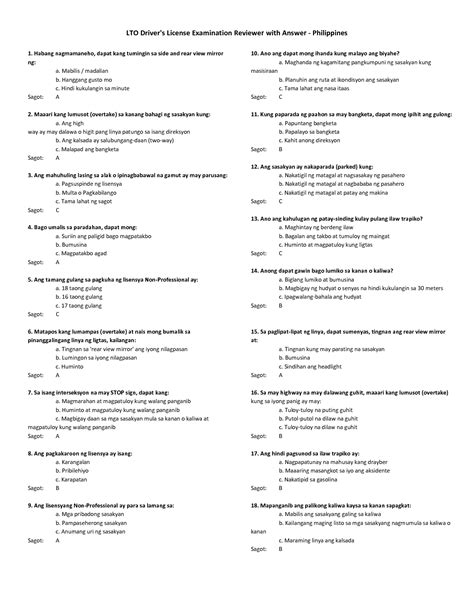 lto driver's license exam reviewer with answer